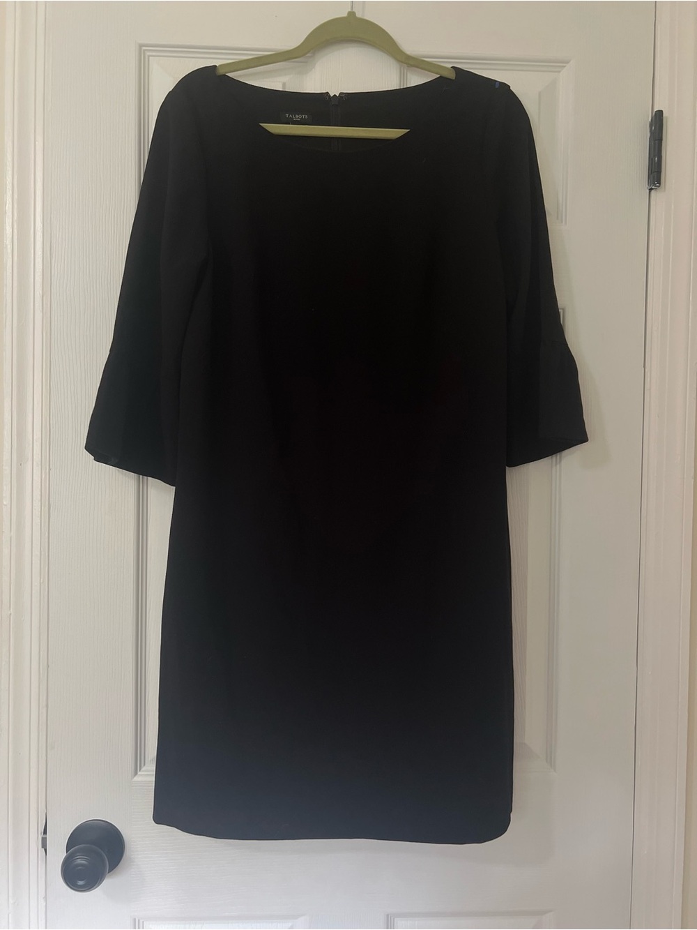 Talbots Petite 12P Black Sheath Dress Boat Neck 3/4 Bell Sleeve Knee Lined